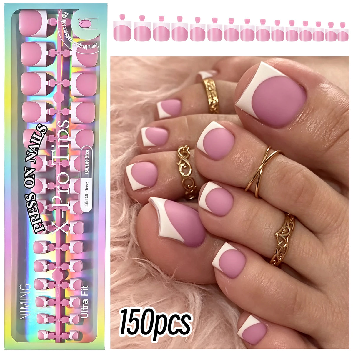 150Pcs French Press-On Toenails – Short Square Full Cover Tips