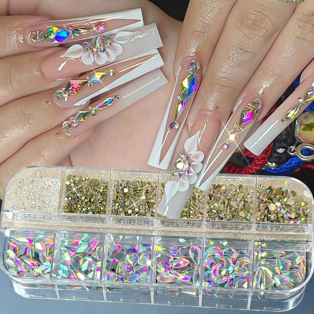 12-Grid Green Nail Rhinestones | Mixed 3D Glass Crystal Gems Nail Art Rhinestones PRIMED A4