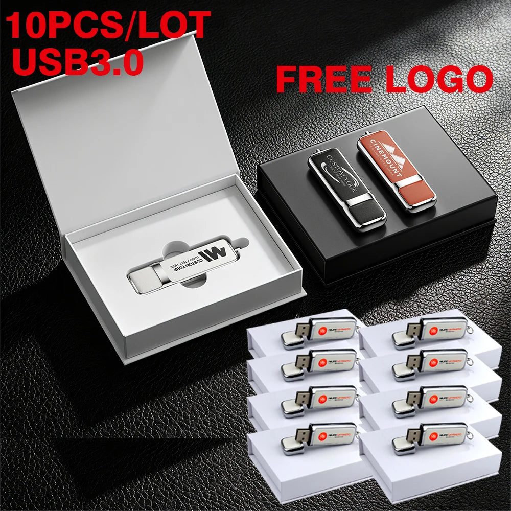 10-Pack Leather USB 3.0 Flash Drives 128GB | Free Custom Logo USB Flash Drive PRIMED