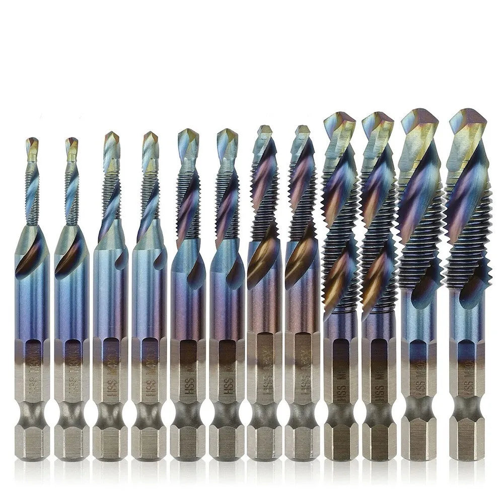 12-Pc HSS Hex Shank Drill & Tap Set M3–M10 Wide Spiral Groove Drill & Tap Set PRIMED