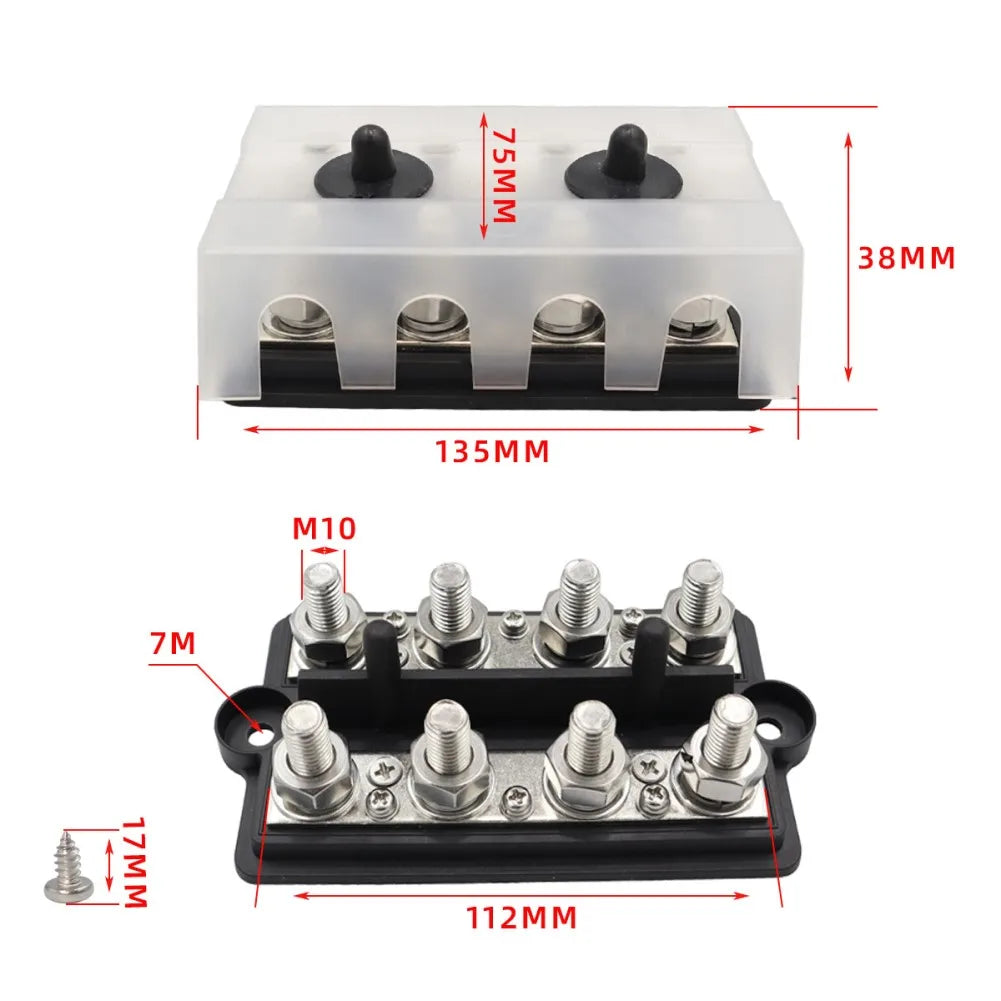 M8/M10 4-Way Double Row Bus Bar Terminal Block | RV Marine Bus Bar Terminal Block PRIMED