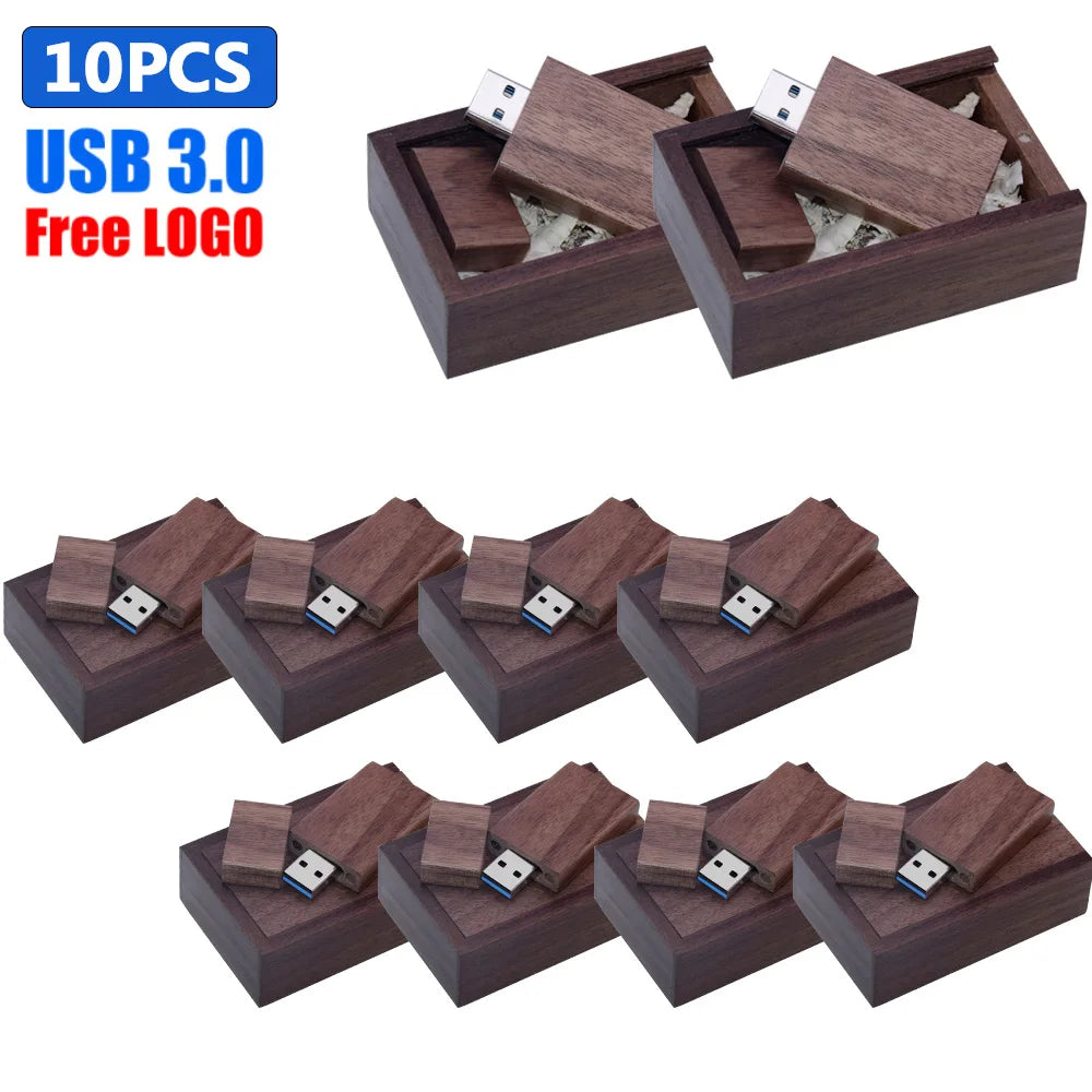 10-Pack Bamboo USB 3.0 Flash Drives | Free Custom Logo Engraved Custom USB Flash Drive PRIMED 4GB Walnut with box