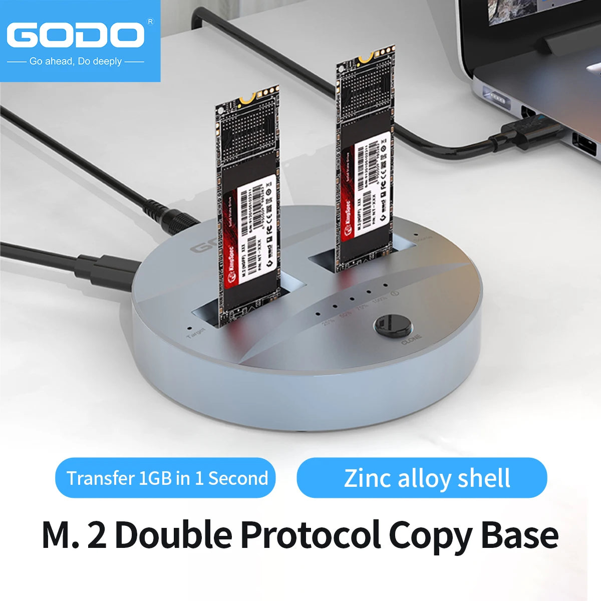 GODO Dual-Bay M.2 NVMe/SATA SSD Dock & Offline Cloner USB 3.2 SSD Docking Station PRIMED