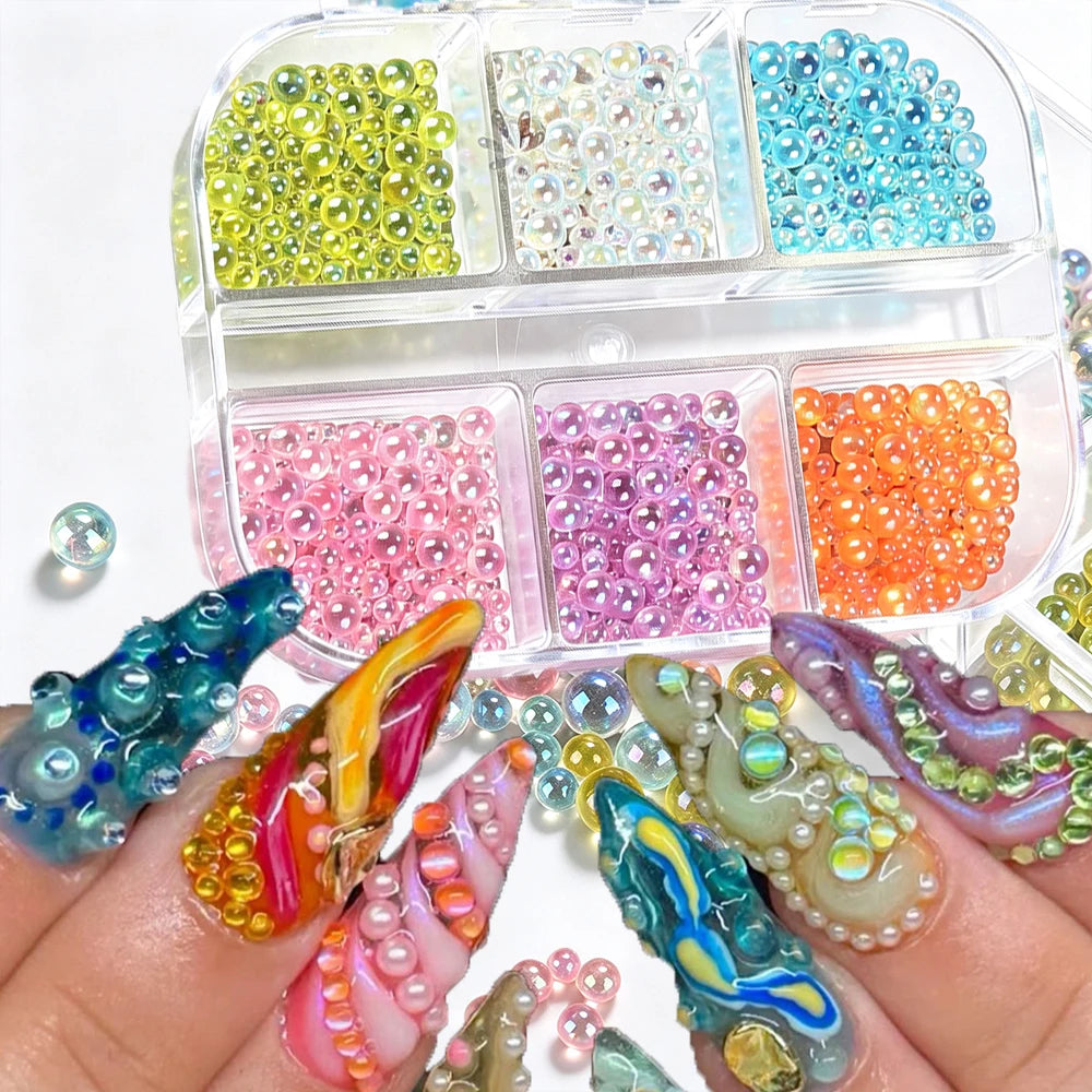 Aurora Iridescent Bubble Beads Nail Charms – 6-Grid Glass Set Nail Art Charms PRIMED