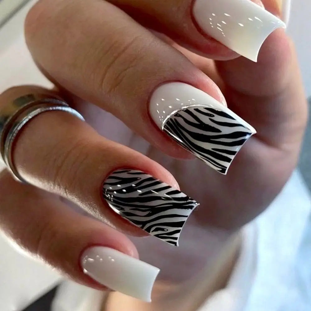 Long Square Press-On Nails – Zebra Stripe French Rose Red
