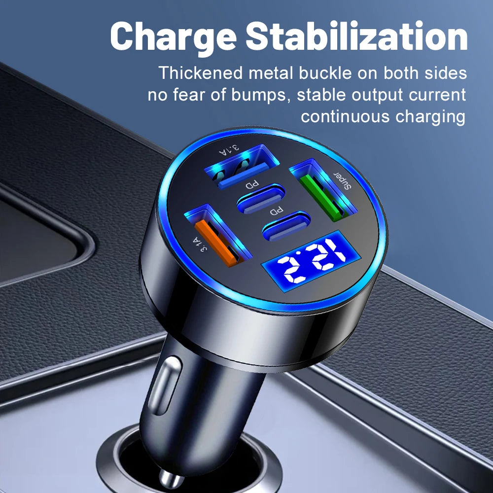 100W 5-Port Car Charger PD QC3.0 USB-C Fast Charge Adapter Car Charger Adapter PRIMED