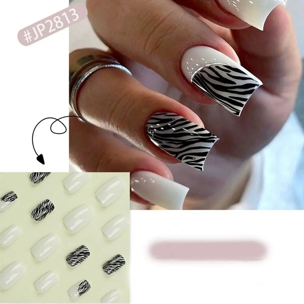 Long Square Press-On Nails Zebra Stripe Rose Red French Tips 24pc
