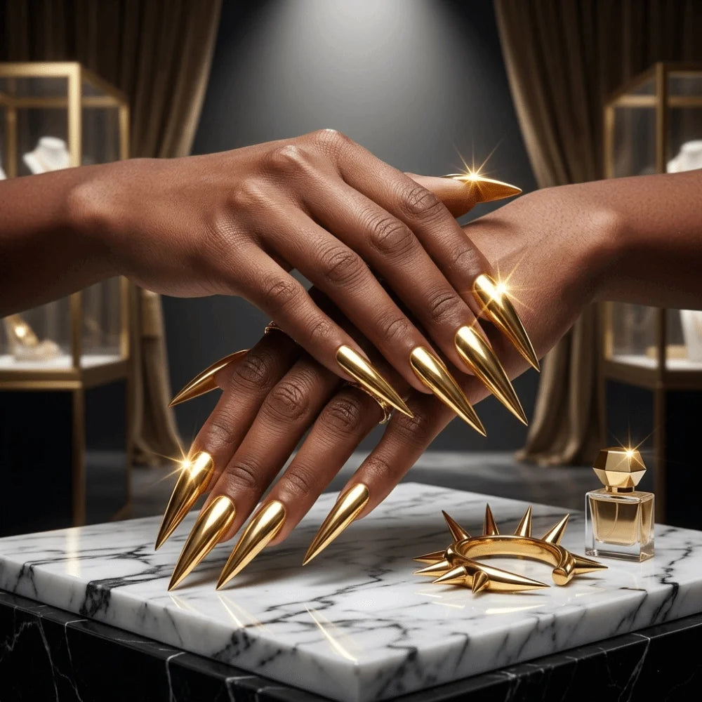 Gold Almond Press-On Nails Mirror Finish Y2K 24pc Set