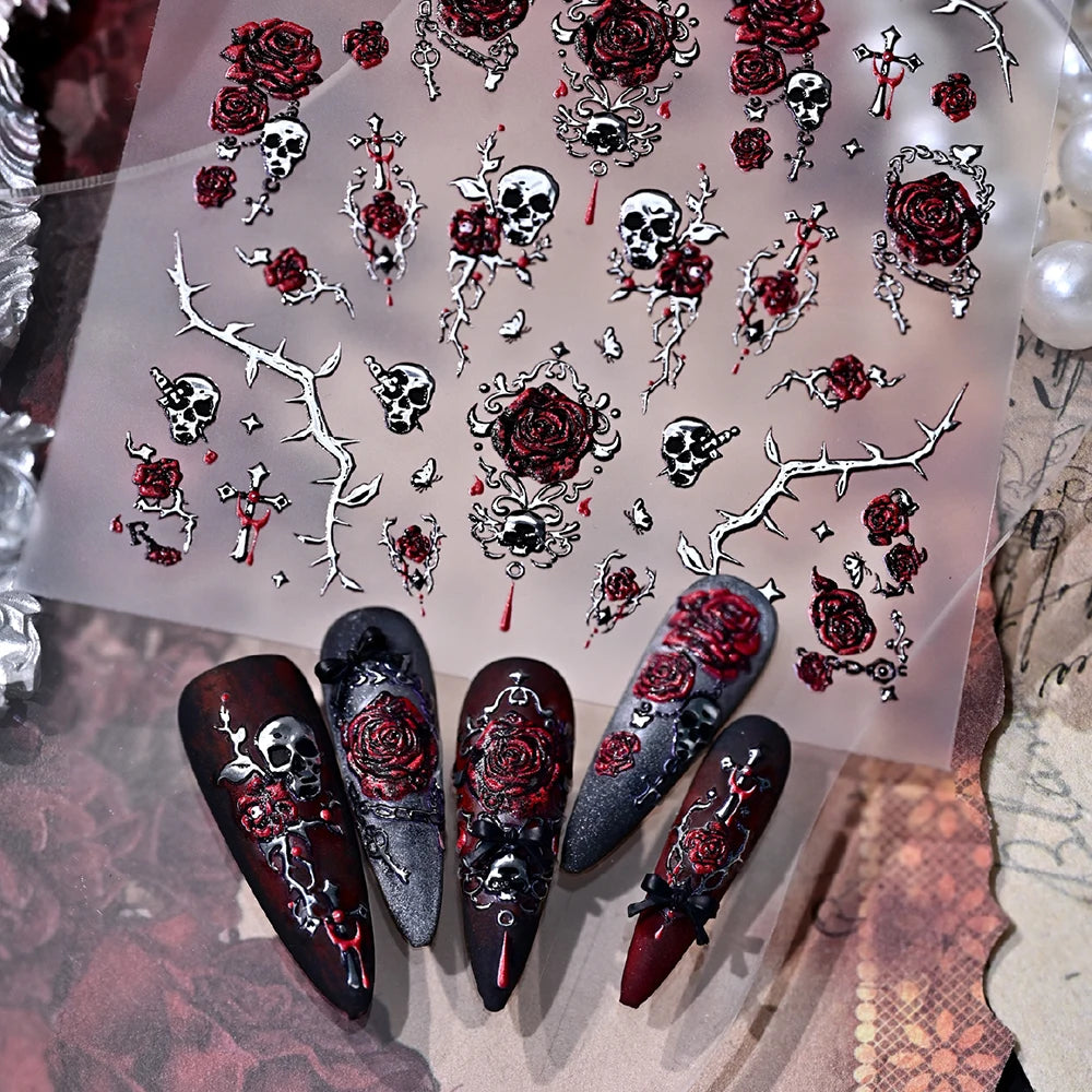 Punk Rose Skull Nail Art Stickers – 3D Hot Stamp Decals