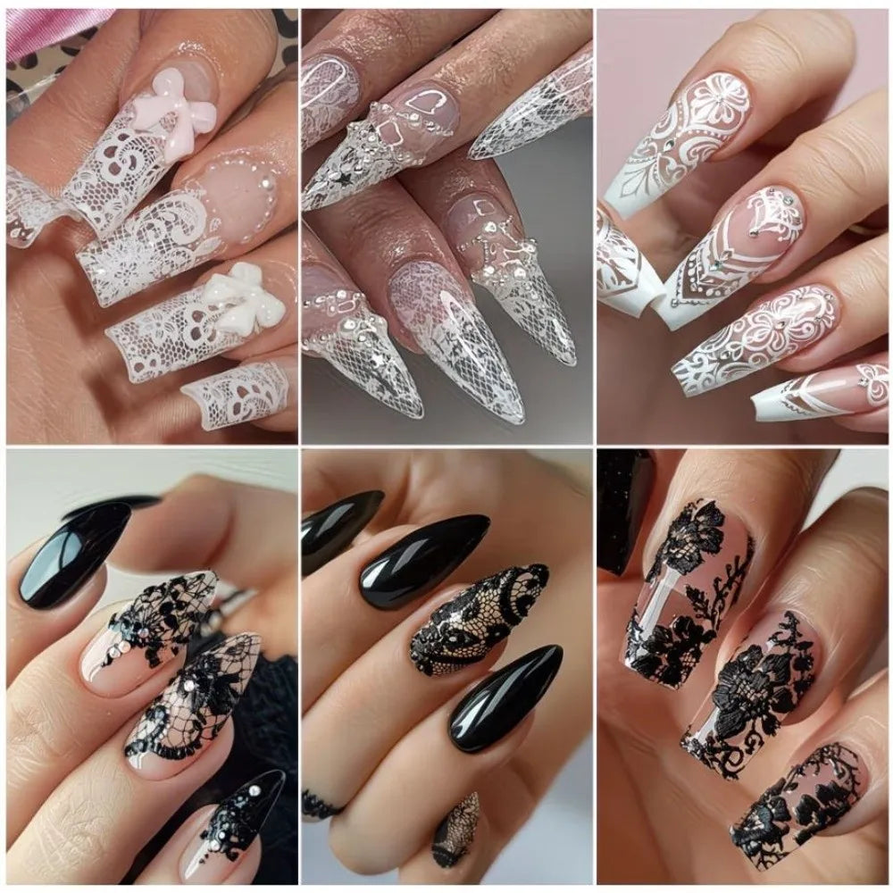 Holographic Lace Nail Foils – Black & White Sequin Stickers