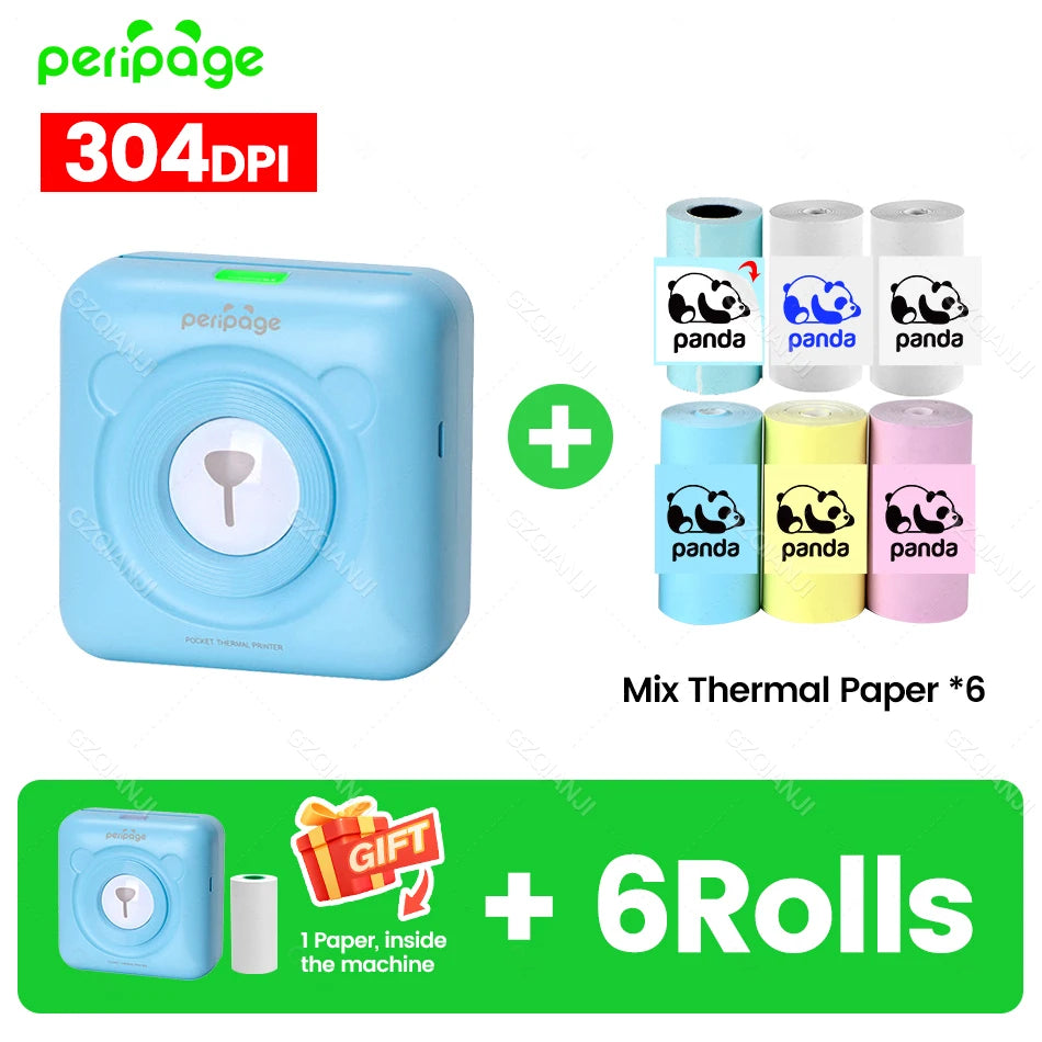 PeriPage A6 304DPI Bluetooth Mini Thermal Photo & Label Printer Mini Thermal Printer PRIMED 304BL add 6Rolls