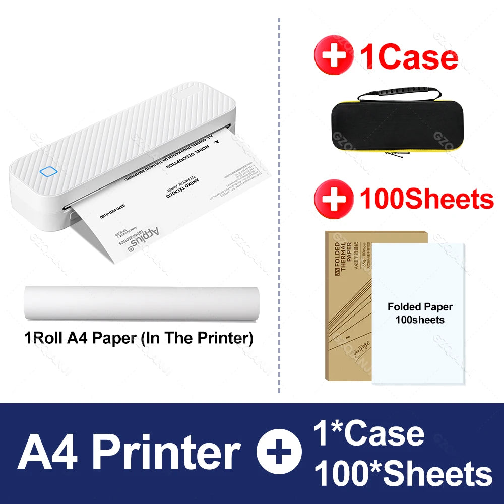 Portable A4 Bluetooth Thermal Printer | Inkless PDF & Doc Thermal Printer PRIMED add 1case 100sheets