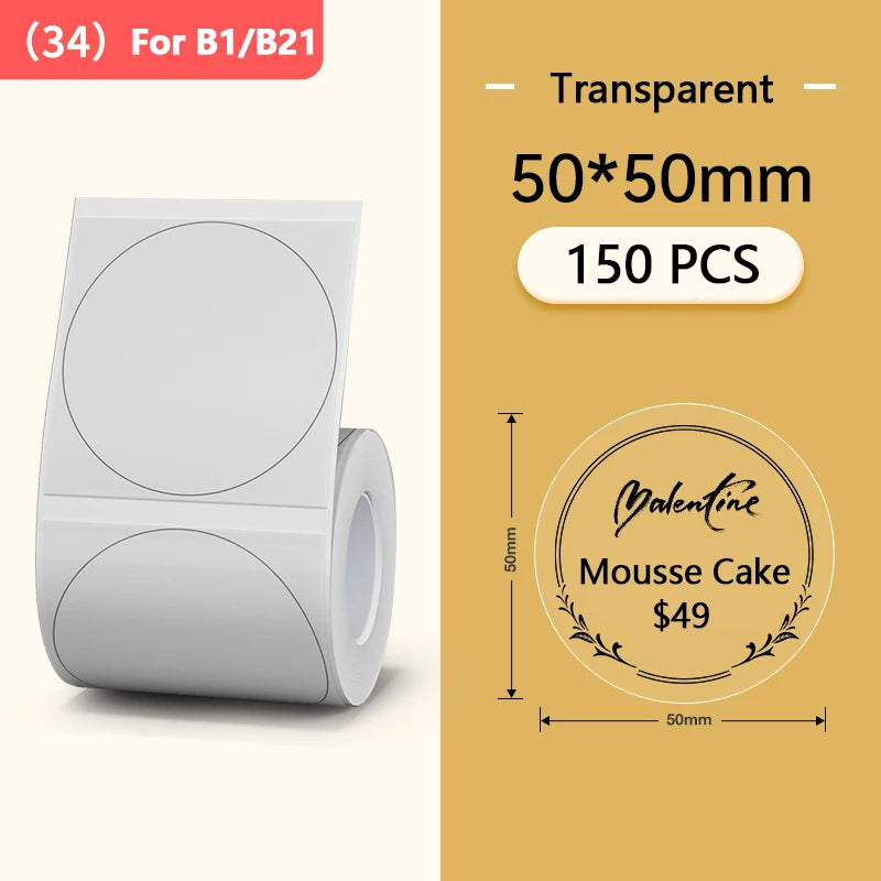 Niimbot Round White Label Rolls for B1 B21 Printer | Multi-Size Label Sticker Rolls PRIMED Trans Round 50-50mm