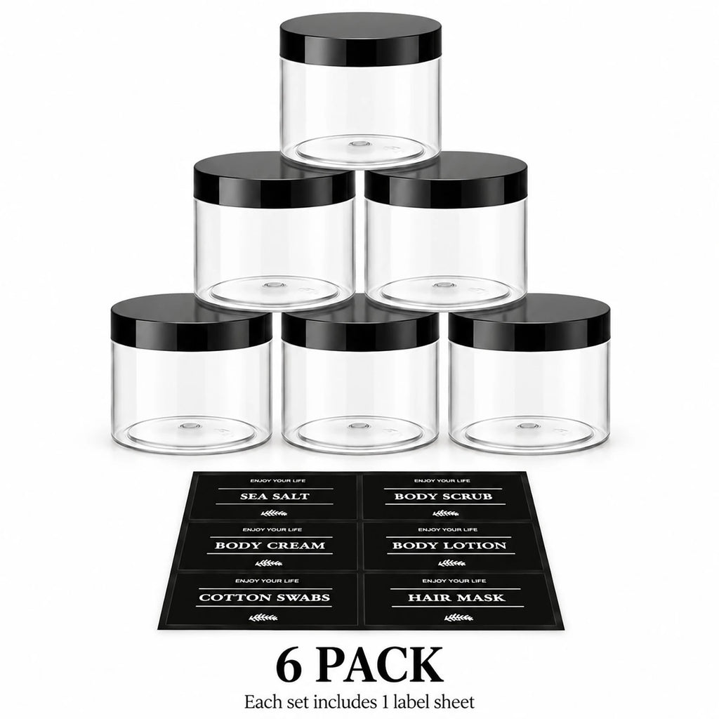 6-Pack Bathroom Vanity Storage Jars with Labels | Plastic Organizer Bathroom Storage Jars PRIMED clear