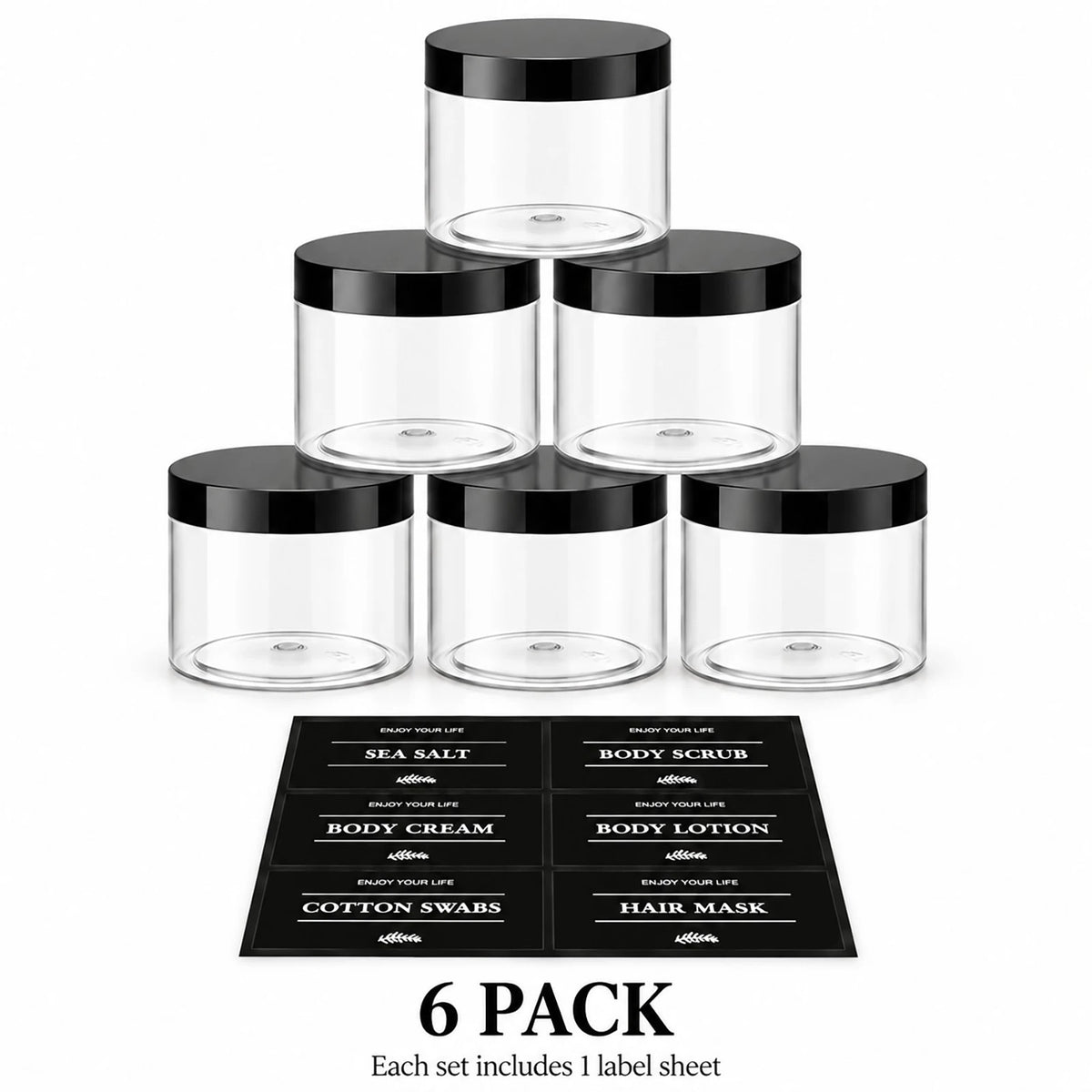 6-Pack Bathroom Vanity Storage Jars with Labels | Plastic Organizer Bathroom Storage Jars PRIMED clear