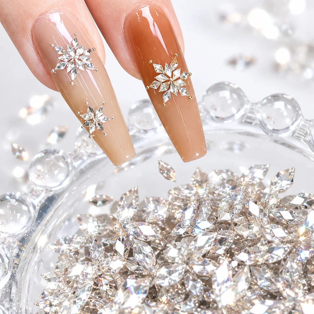 Rhombus Zircon Snowflake Nail Crystals 100Pcs – White & Champagne
