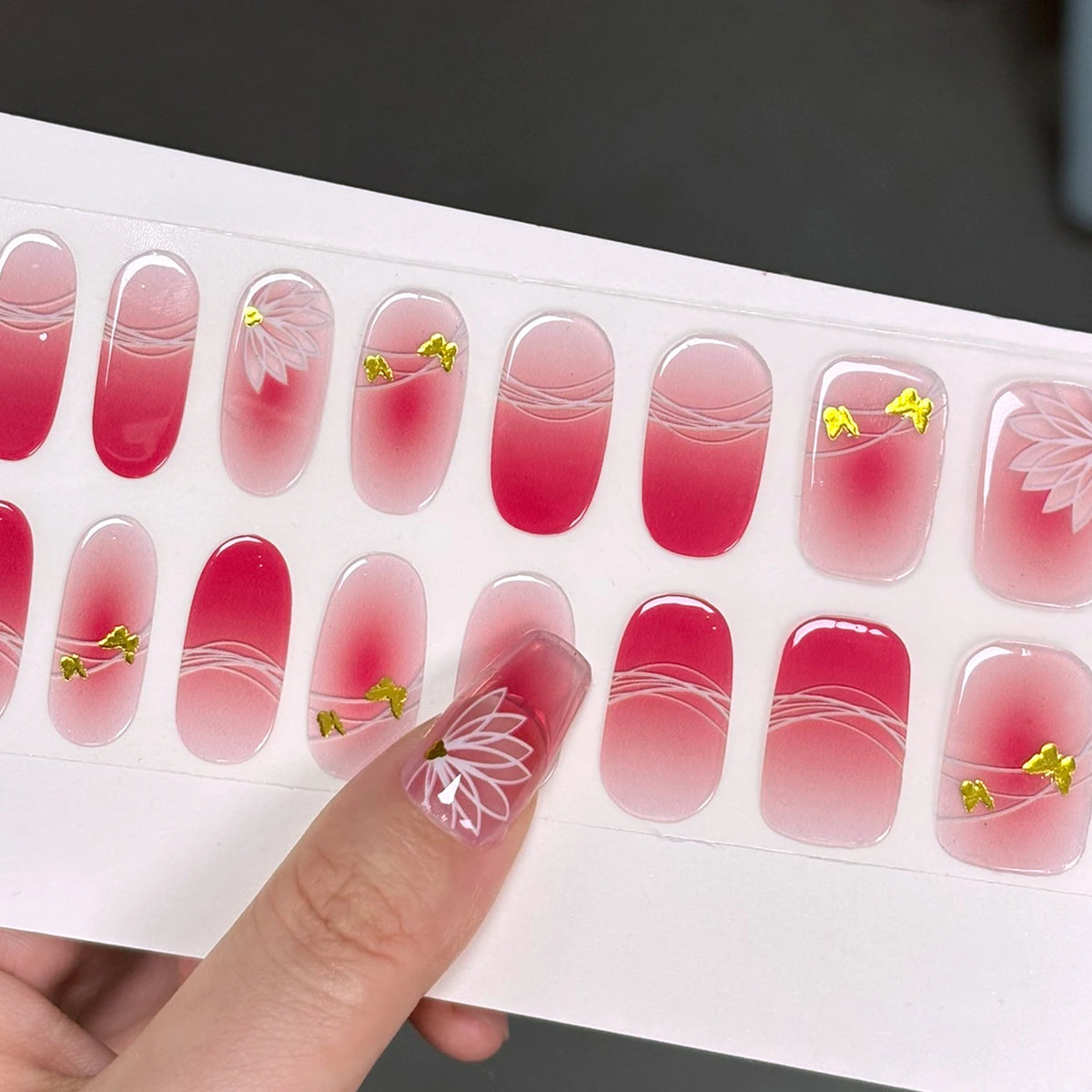 Pink Lotus Semi Cured Gel Nail Strips – Gold Foil 16 Tips