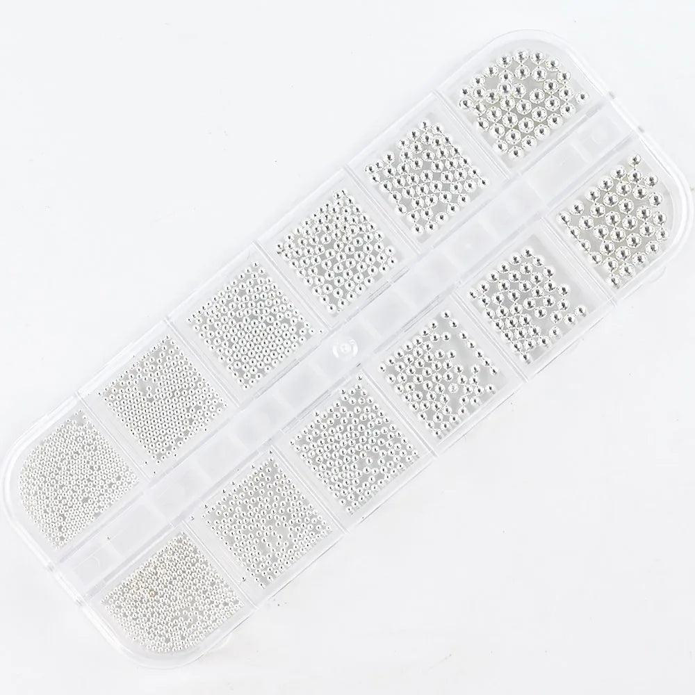 Nail Art Metal Round Beads 0.8–3.0mm Gold Silver | 12-Grid Box Nail Art Beads PRIMED PH138-01