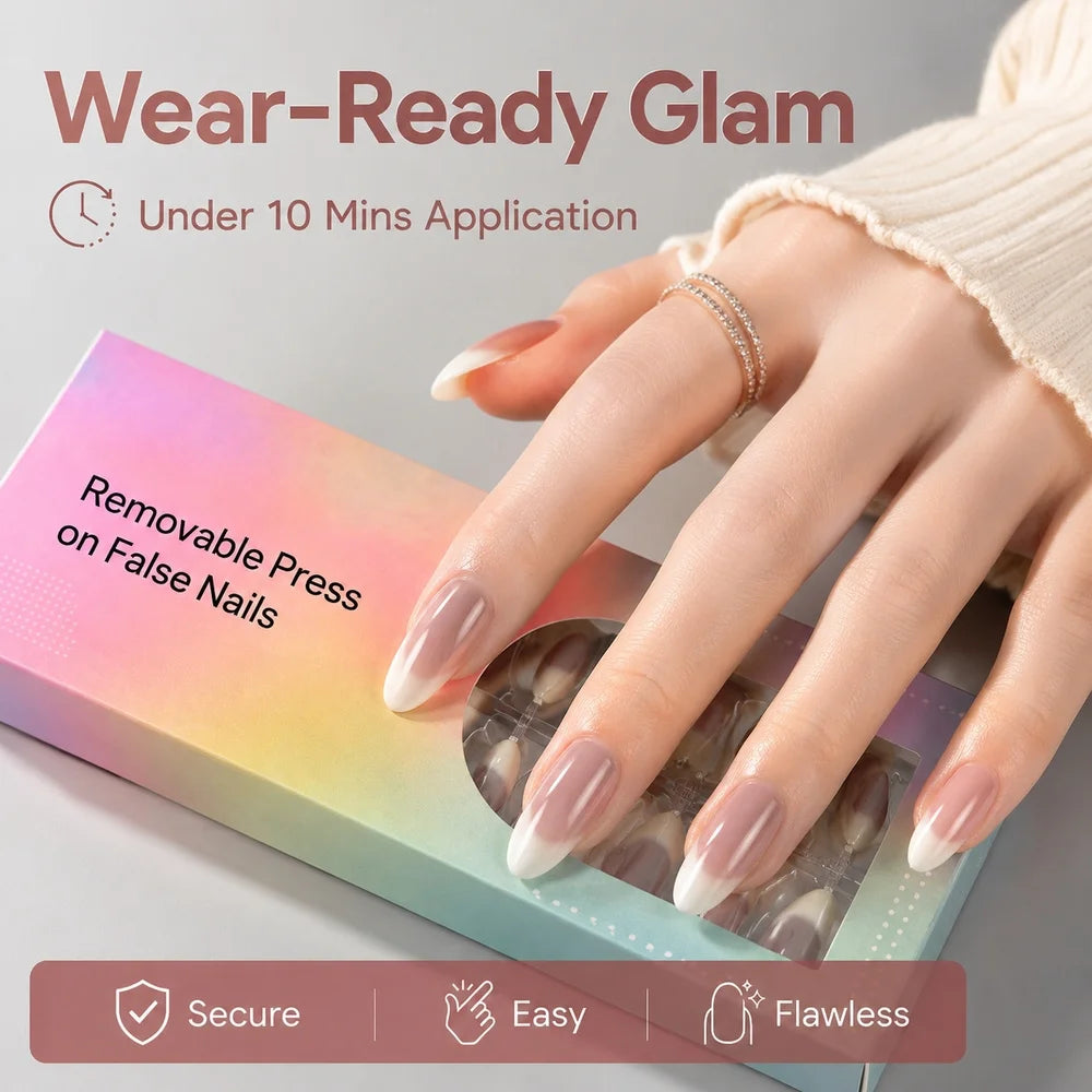 150Pcs Almond Press On Nails – Nude Brown Ombre French Tip