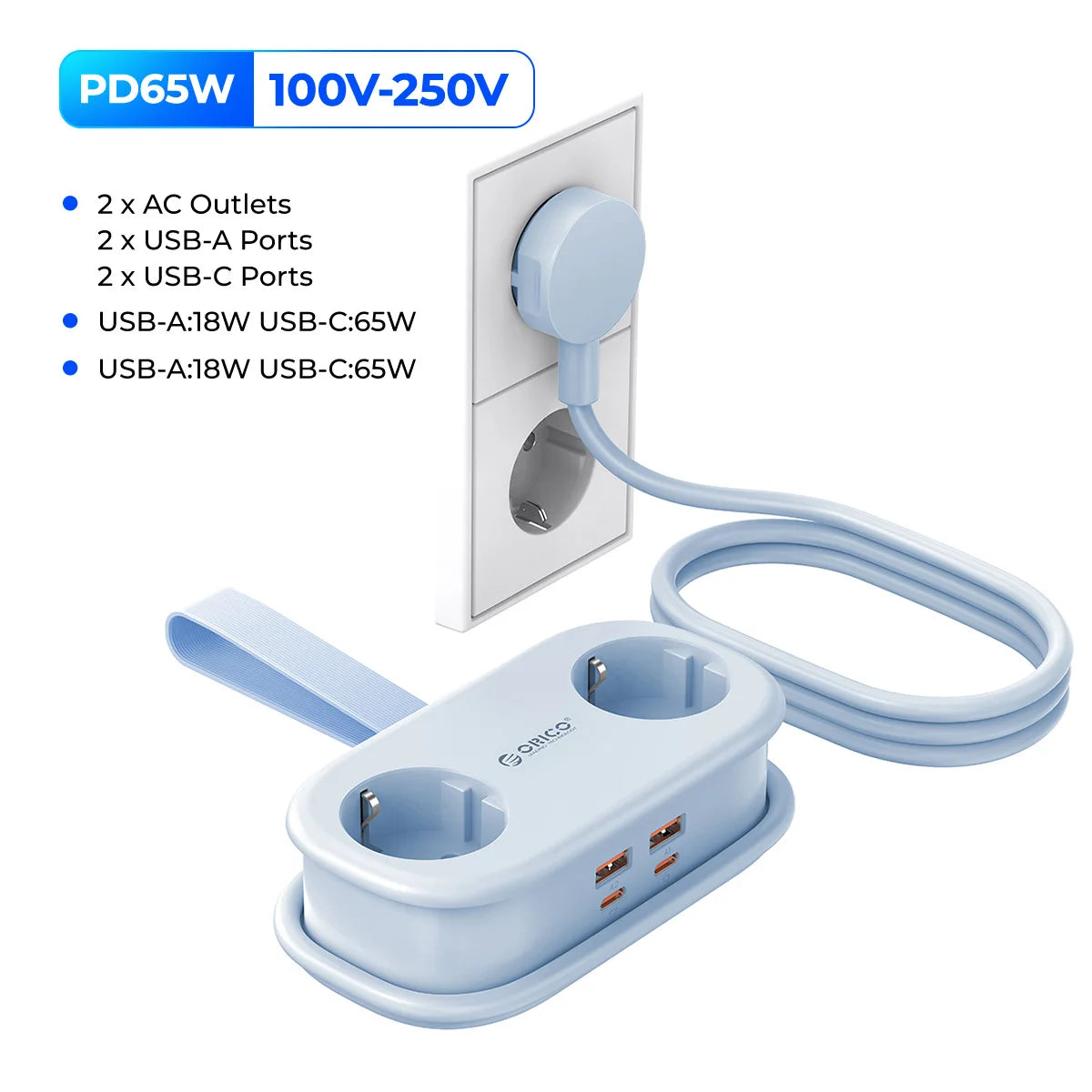 ORICO GaN 65W EU Power Strip | 2 AC + 2 USB-A + 2 USB-C GaN Power Strip PRIMED EU plug Blue EU Plug