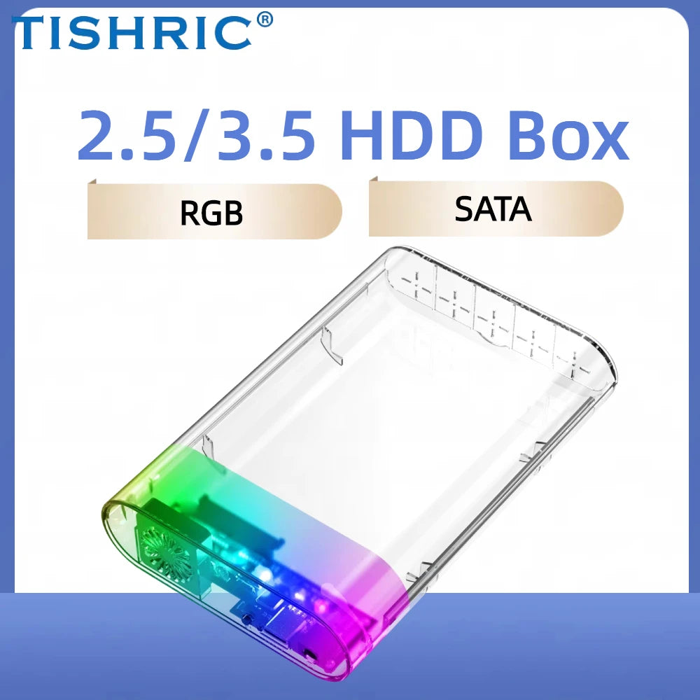 TISHRIC RGB Transparent HDD Enclosure 3.5" 2.5" USB-C + Fan HDD Enclosure PRIMED