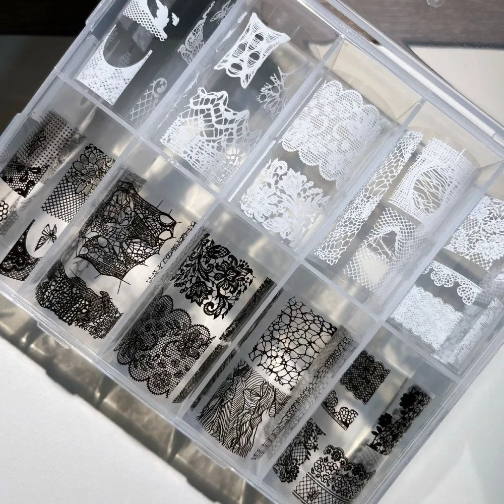 Lace Rose Nail Foil Stickers – Black White Sequin Manicure