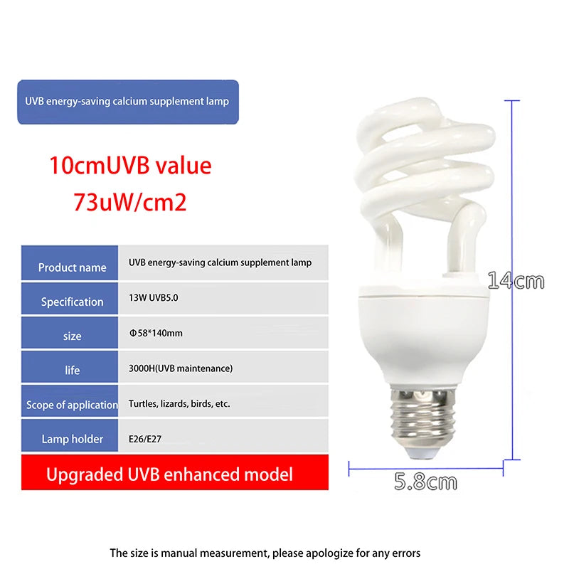 UVB Reptile Basking Lamp 13W/26W – 5.0 & 10.0 Terrarium Light Reptile UVB Lamp PRIMED UVB 5 13W