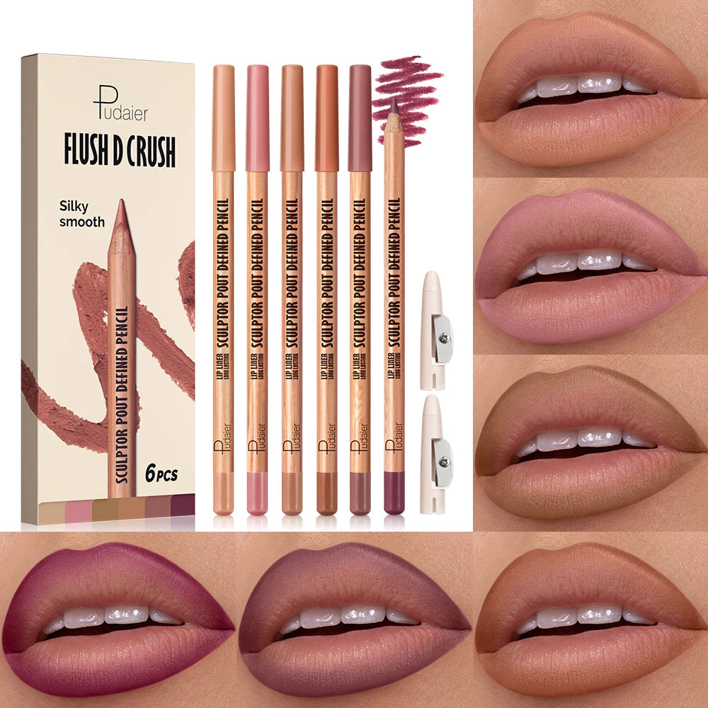 6-Piece Velvet Matte Lip Liner Set – Berry, Pink & Brown Lip Liner Set PRIMED