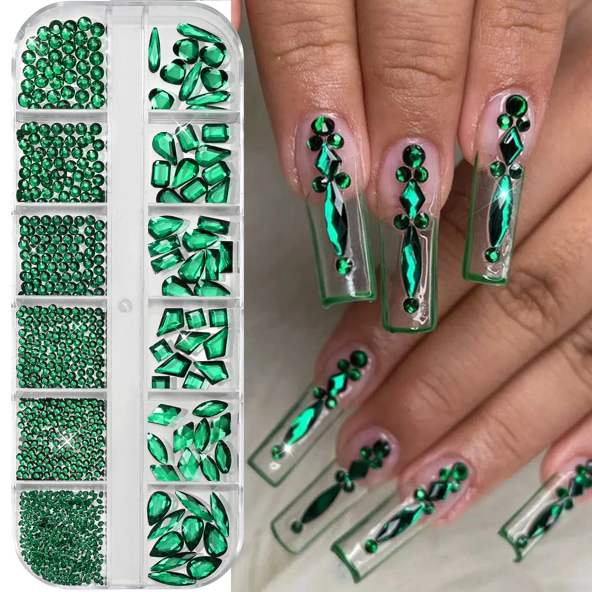 12-Grid Iridescent AB Nail Rhinestones – Mixed Glass Gems Box Nail Art Rhinestones PRIMED A3
