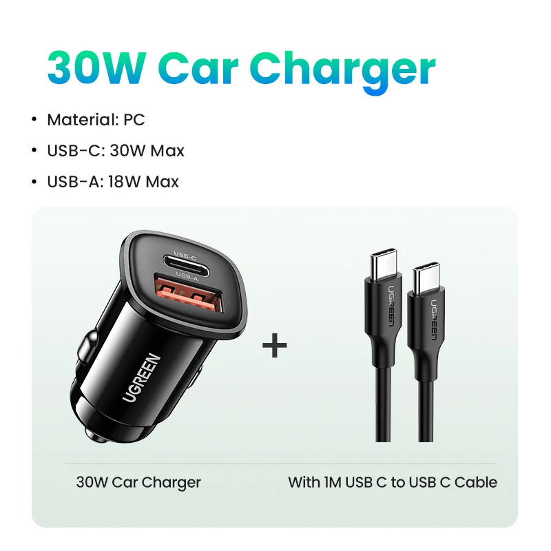 UGREEN 30W USB-C Car Charger PD 3.0 & QC 3.0 Dual Port USB Car Charger PRIMED Add 1M USB C Cable Russian Federation
