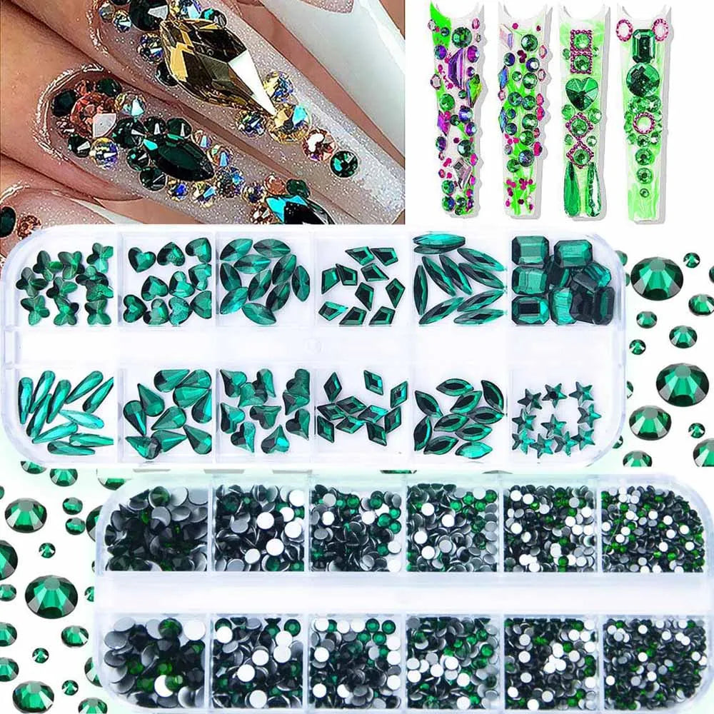 3D Retro Green Nail Rhinestones – 12-Grid Mixed Shapes Set Nail Art Rhinestones PRIMED