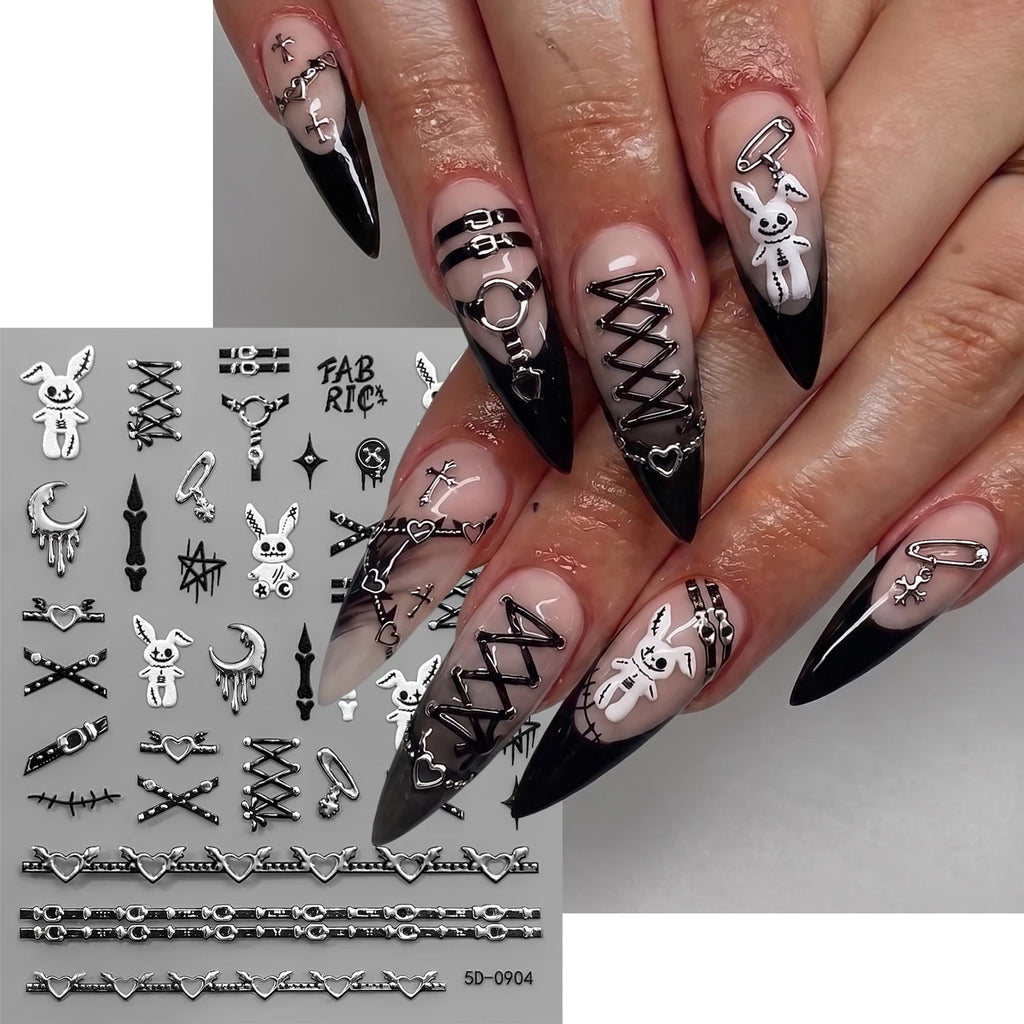 Gothic Punk 3D Nail Stickers – Silver Embossed Halloween Decals Nail Art Stickers PRIMED