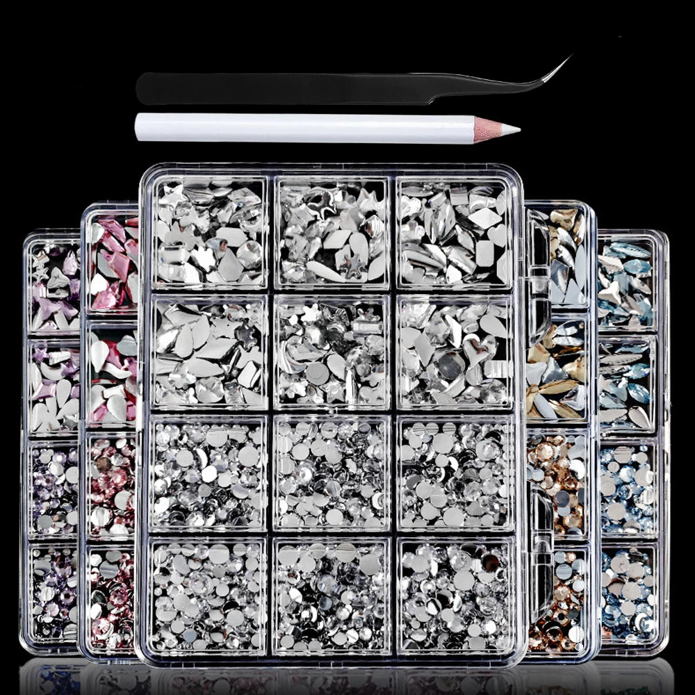 3D Crystal Nail Rhinestones Kit – 12 Shapes, Gems & Tweezer Nail Rhinestone Kit PRIMED
