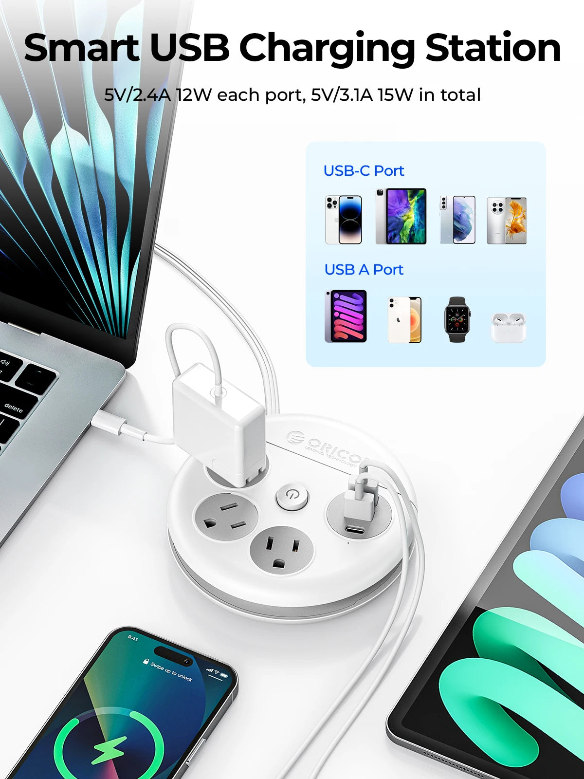 ORICO Power Strip 3 Outlets USB-C Fast Charge Travel Adapter Power Strip PRIMED