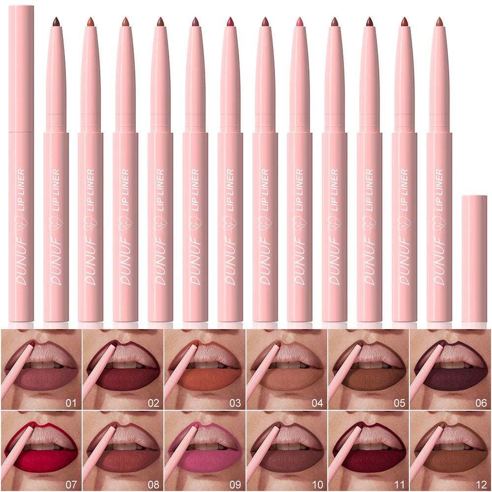 DUNUF 12-Color Matte Lip Liner Set – Waterproof & Long-Lasting Matte Lip Liner Set PRIMED DU20332