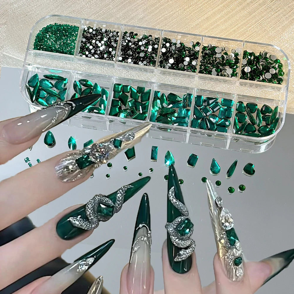 12-Grid Nail Rhinestones Set – Mixed Shape Glass Crystals Nail Art Rhinestones PRIMED