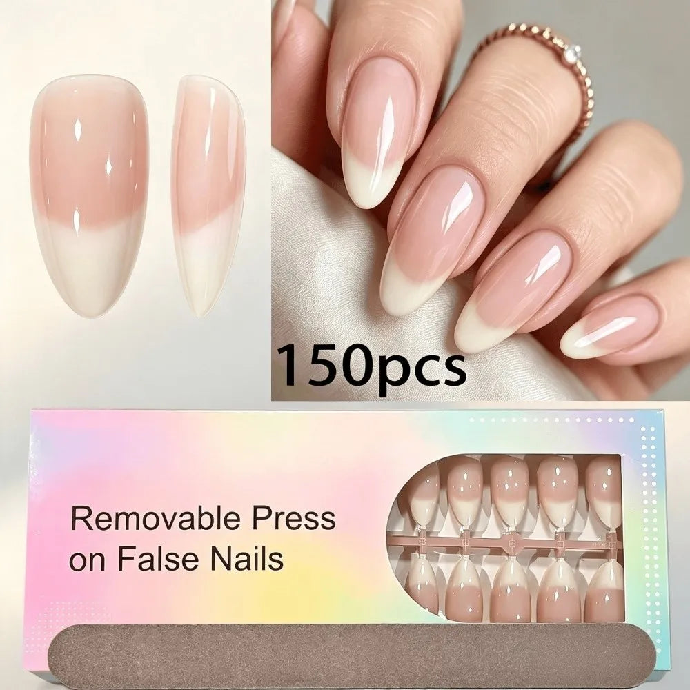 150 Pcs Press On Nails Glossy Almond French Gradient Fake Nails