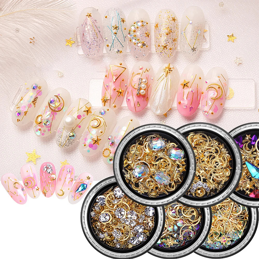 6-Box 3D Nail Rhinestones & Charms Set – Star Moon Studs Nail Art Charms PRIMED