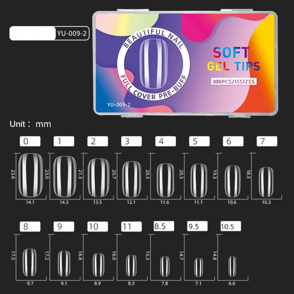 300pcs Short Almond Soft Gel Nail Tips | 15 Sizes Full Cover