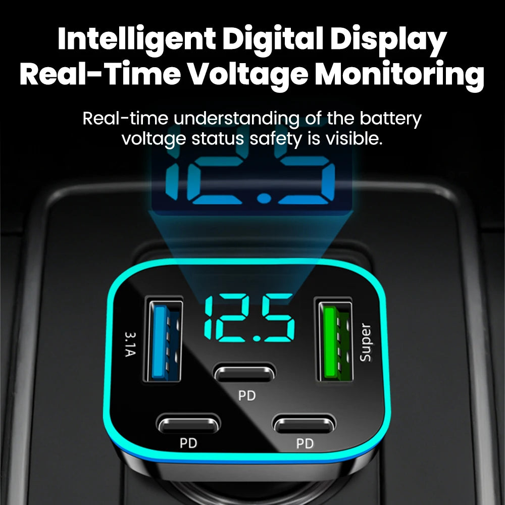 Elough 5-Port 27W USB Car Charger – 2USB+3Type-C Fast Charge
