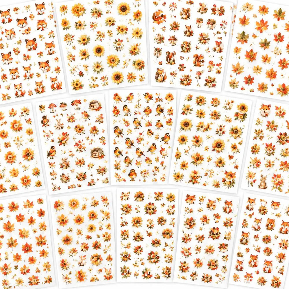 12-Pc Bronzing Autumn Nail Stickers – Pumpkin, Owl & Maple Leaf Nail Art Stickers PRIMED