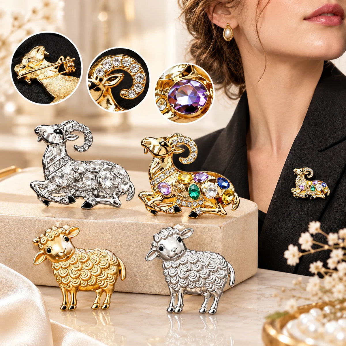 Vintage Sheep Brooch Multicolor Rhinestone Gold-Tone Lapel Pin
