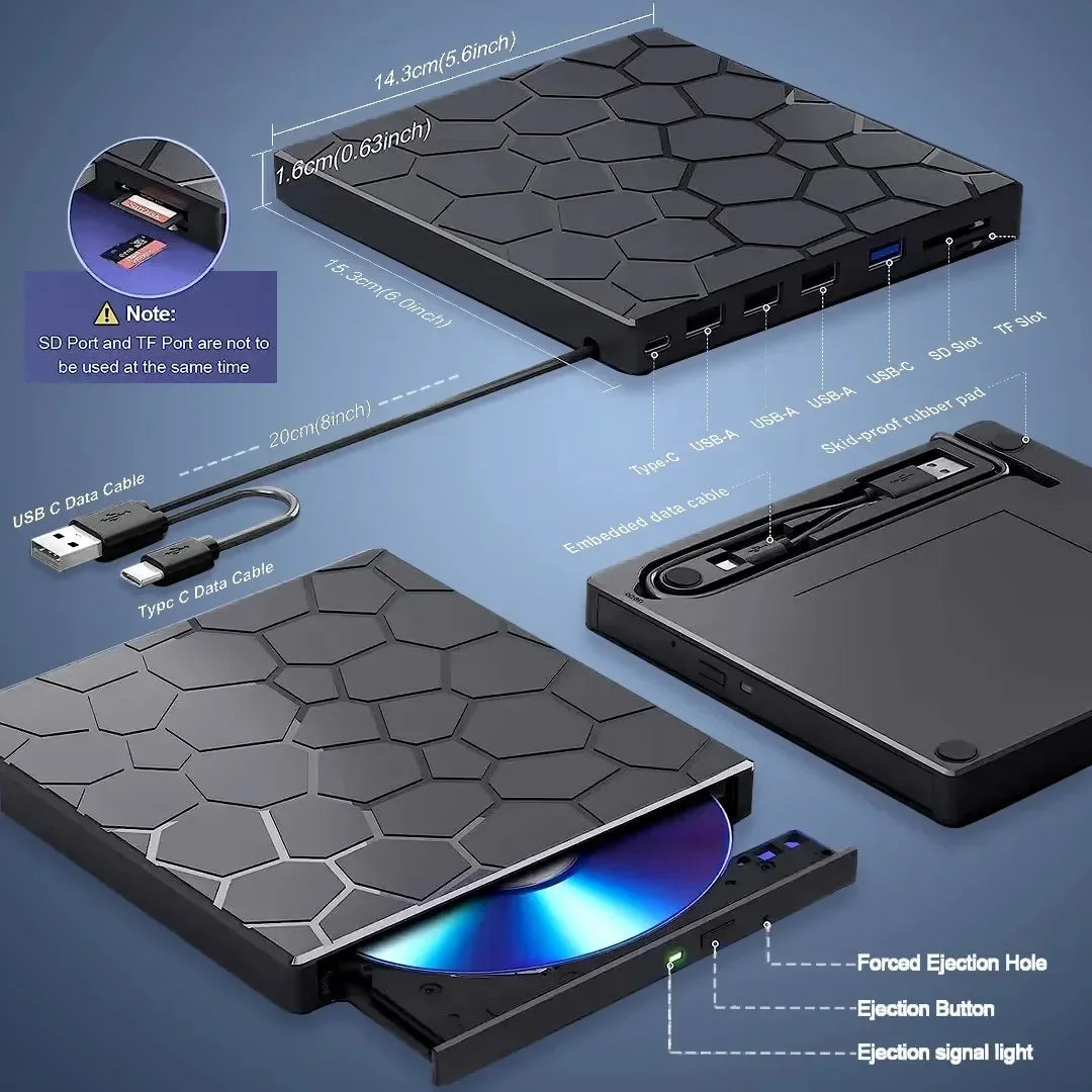 GGBEE 7-in-1 External CD/DVD Burner Drive USB 3.0 & Type-C External Optical Drive PRIMED