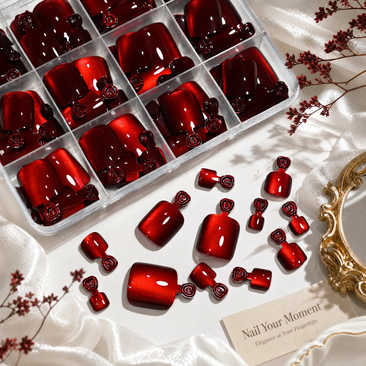 144Pcs Rose Red Cat Eye Press-On Toenails | Short Square Tips