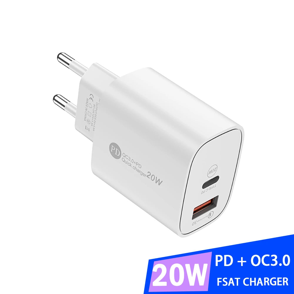 PD 20W Dual Port USB-C & USB-A Fast Wall Charger QC3.0 Wall Charger Adapter PRIMED