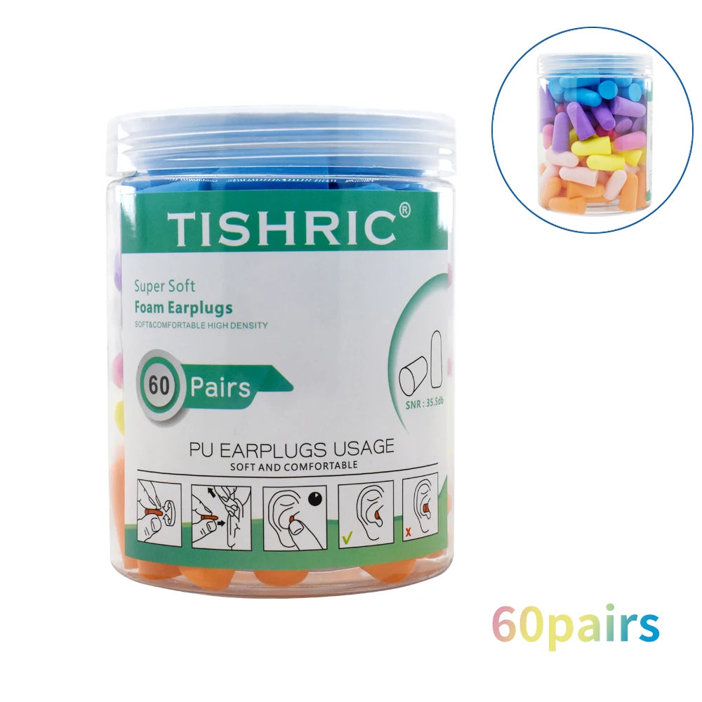 Soft PU Foam Earplugs 30/60 Pairs – 35.5dB Noise Reduction | TISHRIC Foam Earplugs PRIMED 60 pairs Mixing China Mainland