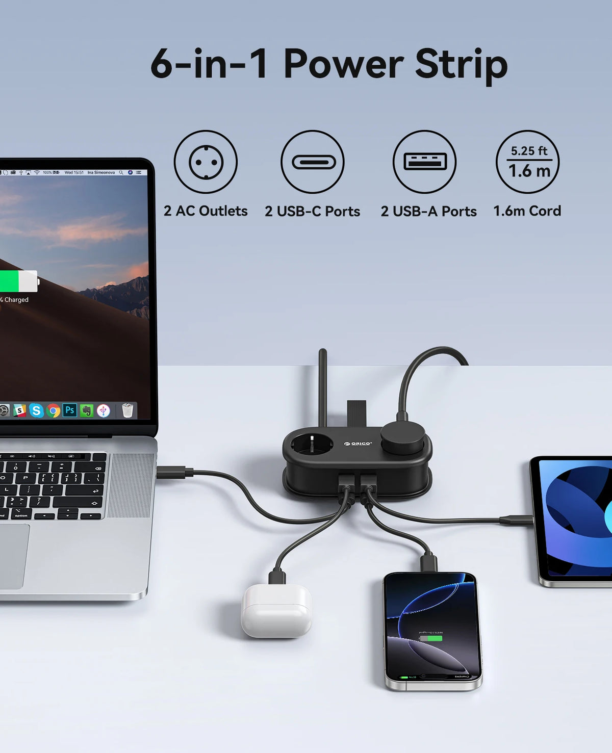 ORICO GaN 65W EU Power Strip | 2 AC + 2 USB-A + 2 USB-C GaN Power Strip PRIMED