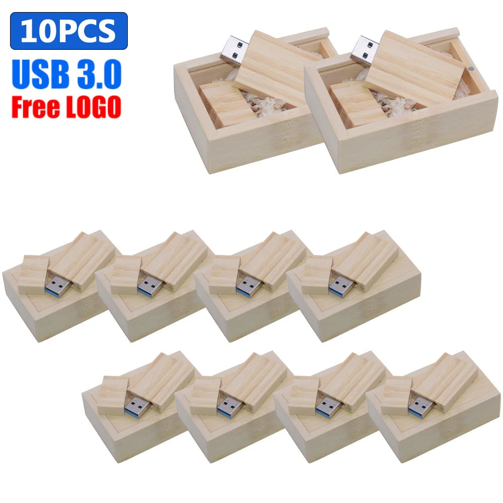 10-Pack Bamboo USB 3.0 Flash Drives | Free Custom Logo Engraved Custom USB Flash Drive PRIMED 4GB Bamboo with box