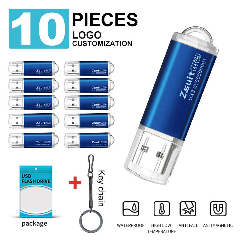 10-Pack Custom Logo Metal USB Flash Drives 2.0/3.0 | 32G 64G Custom USB Flash Drive PRIMED Blue 2.0-16GB