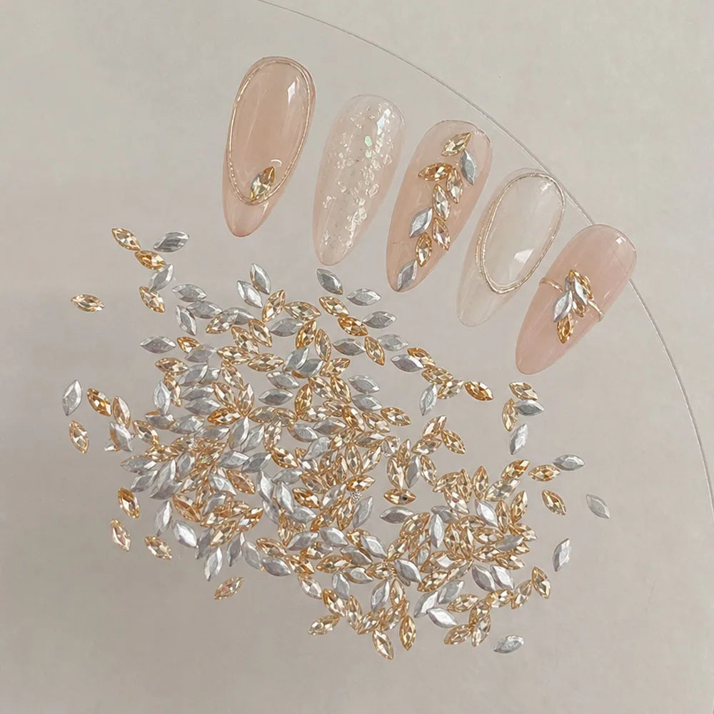100Pcs Champagne Gold Snowflake Nail Rhinestones | 3D Crystals
